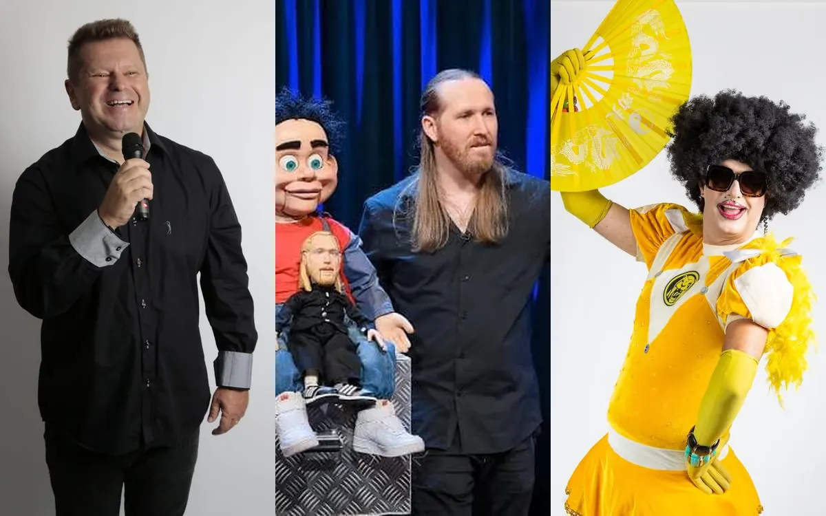 Três humoristas da curadoria: Celso Jr., Yakko Sideratos e Pri Drag.